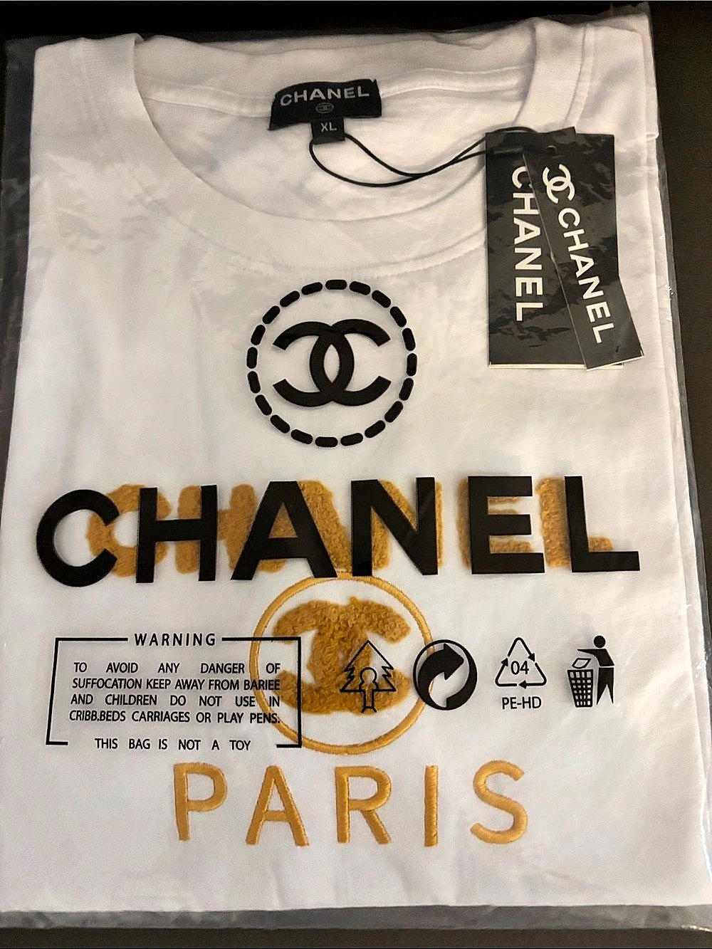 Chanel Logo Short Sleeve Tee in White & Gold Size XL NWT